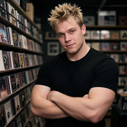 Photograph of a muscular, blonde, blue-eyed man with spiked hair, wearing a black t-shirt, standing in a bookshelf-filled room, arms