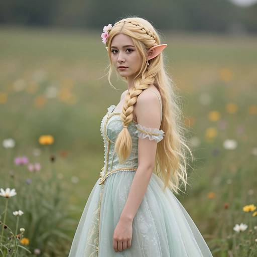 Photograph of a young woman with long blonde hair, elf ears, and a floral headband, wearing a light blue, fairy-tale style dress