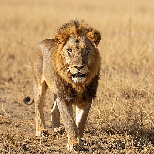 Majestic Lion in Golden Grass Field
