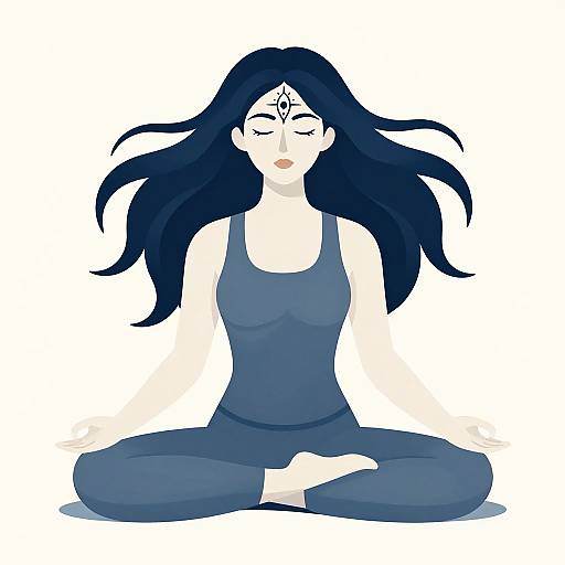 Digital illustration of a fair-skinned woman with long black hair, closed eyes, and a forehead bind, meditating in a blue tank top and pants