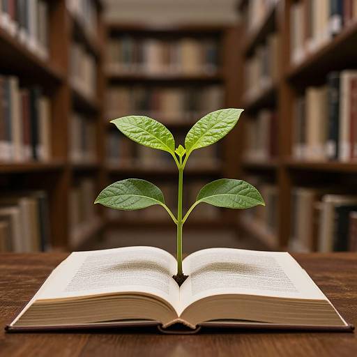 Photograph of a green plant sprouting from an open book on a wooden table, with blurred bookshelves in the background.