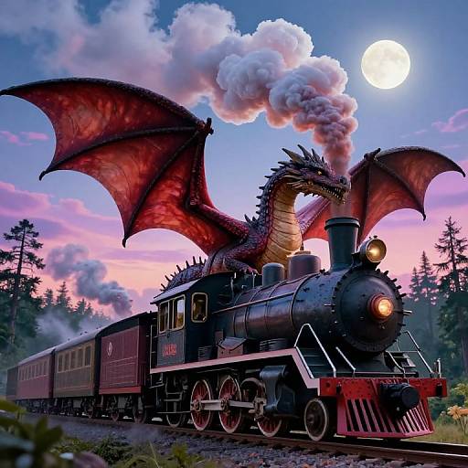 Photograph-style digital artwork of a black steam train with a dragon's head, red wings, and smoke, set against a pink and blue sunset sky