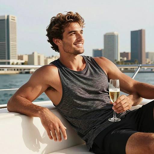 Photograph of a smiling, curly-haired, muscular man in a gray tank top and black shorts, holding a champagne glass, seated on a boat with