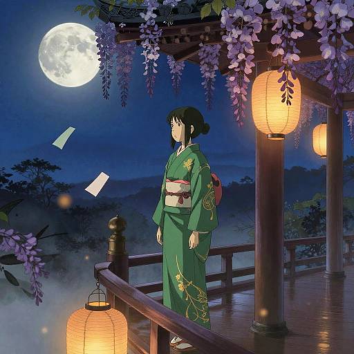 Woman in Green Kimono on Temple Balcony at Moonlight
