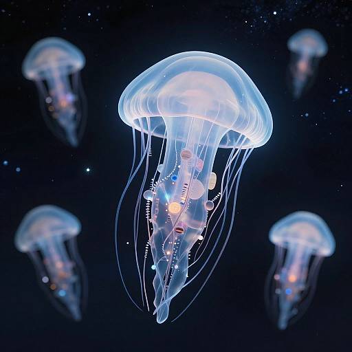 Photograph of glowing jellyfish with translucent, umbrella-shaped bodies and trailing tentacles, floating in a dark, starry ocean. Five jellyfish in