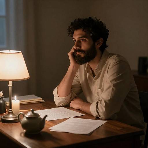 Contemplative Bearded Man in Warm Light