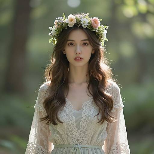 Photograph of a young woman with long brown hair, wearing a white lace dress and flower crown, standing in a sunlit forest.