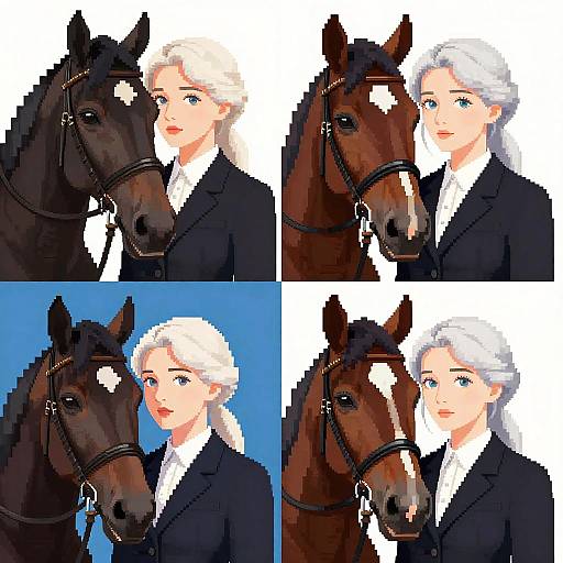 Pixel art collage of a fair-skinned, blonde woman in a black equestrian outfit, posing with a brown horse with white markings. Four different