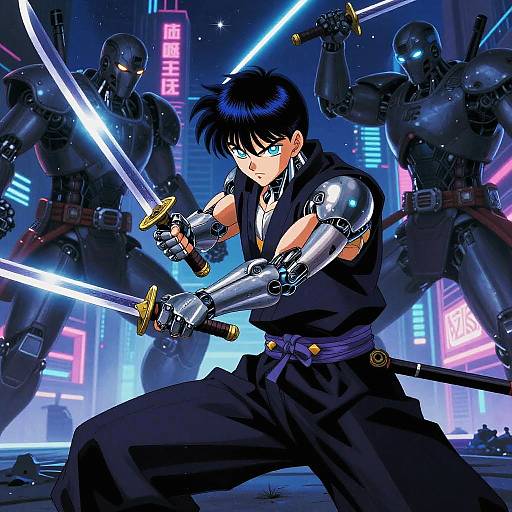 Anime-style illustration: Black-haired, blue-eyed warrior with cybernetic arms, dual katana, facing three masked, armored foes in neon-lit