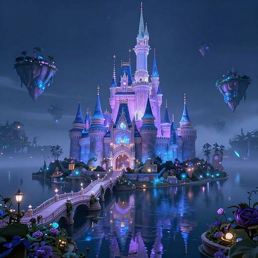 Digital artwork of a glowing blue and purple fairy-tale castle with spires, floating islands, and a reflective moat at night.