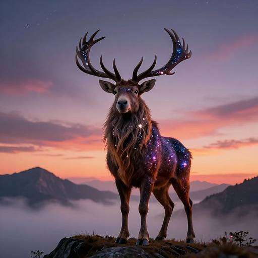 Digital artwork of a majestic, glowing deer with starry antlers standing on a rocky mountain peak at sunset, with misty mountains and a colorful,