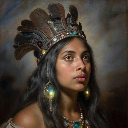Photograph-style digital portrait of a dark-haired woman with Native American-inspired headdress, colorful gemstone necklace, and earrings, set against a dark,