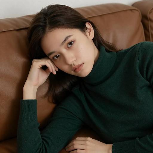 Thoughtful Young Woman on Leather Couch