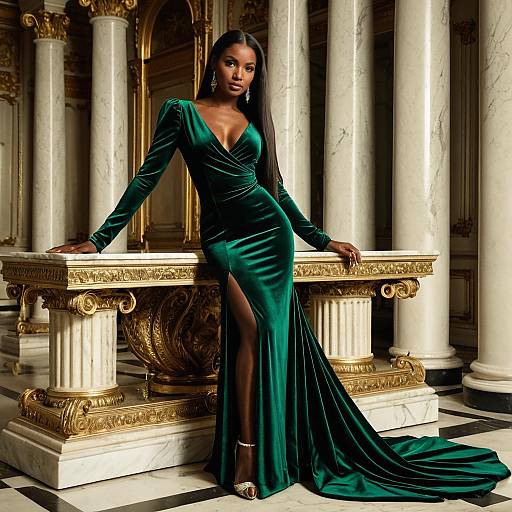 Elegant Woman in Emerald Velvet Evening Gown