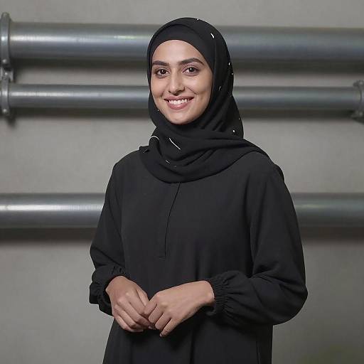 Photograph of a smiling woman with light brown skin, black hijab, and black long-sleeve top, standing against a gray background with horizontal