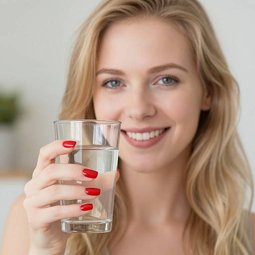 Photograph of a smiling blonde woman with blue eyes, red nail polish, holding a clear glass of water in a bright, blurred indoor background.