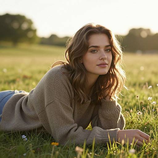 Photograph of a young woman with wavy brown hair, wearing a beige sweater and blue jeans, lying on grass in a sunlit field.