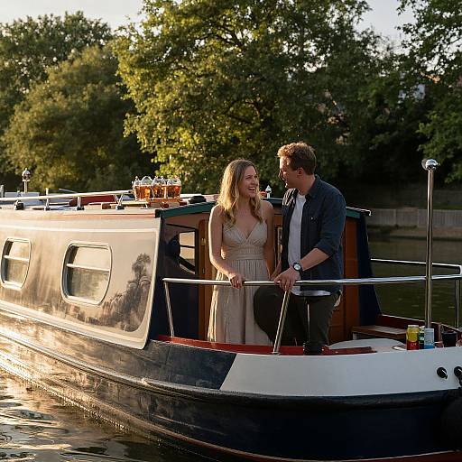 Photograph of a couple on a narrowboat, sunlit, with the woman in a beige dress and the man in a dark jacket, surrounded by