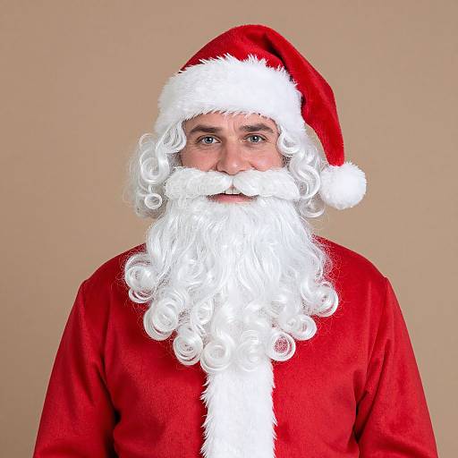 Photograph of a middle-aged man with a white curly beard and mustache, wearing a red Santa hat and red velvet Santa suit, against a plain