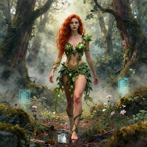 Digital artwork of a red-haired, fair-skinned woman with leafy, green, plant-like attire, walking through a misty, enchanted forest,