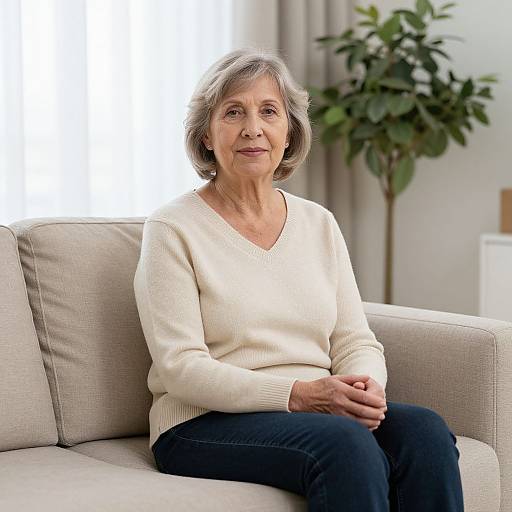 Photograph of an elderly woman with short gray hair, wearing a cream sweater and black pants, sitting on a beige couch, with a potted plant