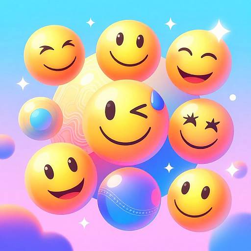 Digital illustration of nine yellow smiley faces with different expressions, surrounded by a blue and pink gradient background with sparkles. Includes a blue cricket ball.