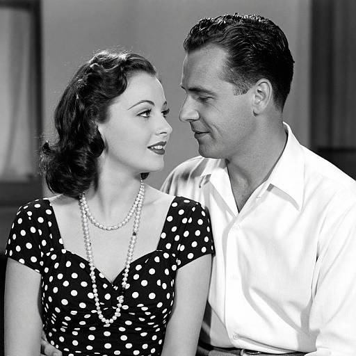 Black-and-white photograph of a 1940s-style couple; woman in polka-dot dress and pearl necklace, man in white shirt, smiling at