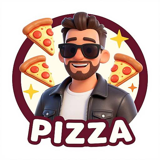 Animated Pizza Logo with Bearded Man