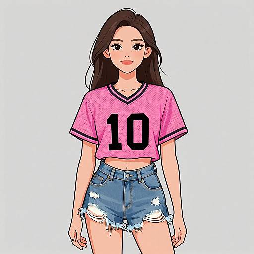 Anime-style digital drawing of a smiling woman with long black hair, wearing a pink crop top with 