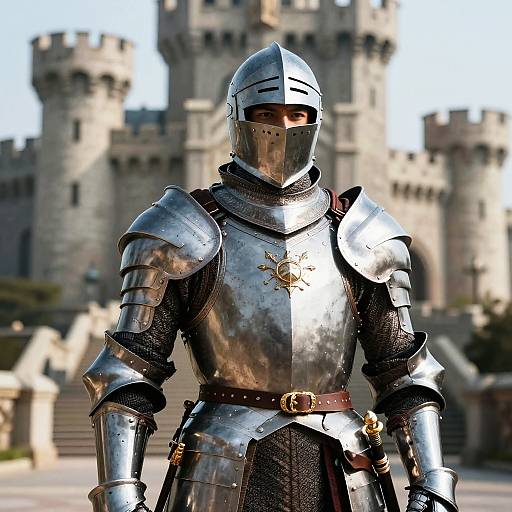 Photorealistic CGI of a medieval knight in shiny silver armor with a visor, standing in front of a grand castle.