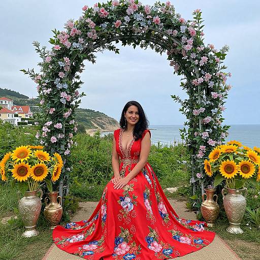 Woman in Floral Red Gown Tapestry