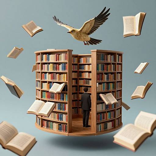Digital illustration of a round wooden bookshelf with a person reading, surrounded by flying books and a soaring bird.