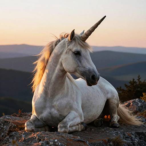 Photograph of a white unicorn with a golden mane, lying on a rocky mountain ledge at sunset, with blurred mountainous background.