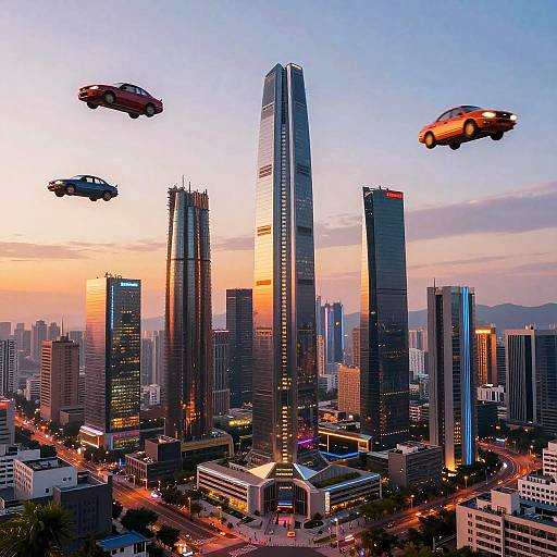 Photograph of futuristic cityscape at sunset with towering skyscrapers, flying cars, and illuminated streets, featuring vibrant orange and blue sky.