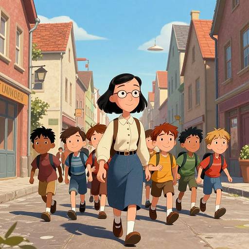 Digital illustration of a glasses-wearing, black-haired girl in a white blouse and blue skirt leading a group of diverse, young boys in school uniforms through