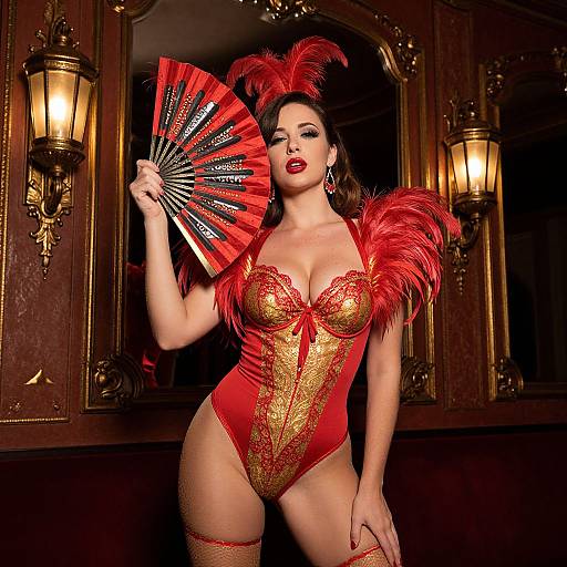 Photograph of a confident woman in a red and gold lace corset, feathered shoulders, holding a red fan with black accents, standing in an