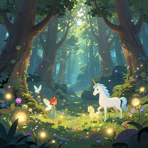 Serene Fantasy Forest with Magical Creatures