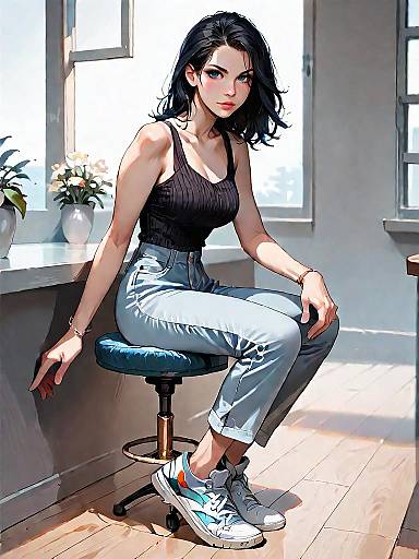 Casual Woman Sitting on Stool