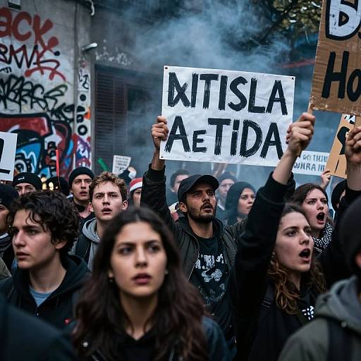 Photograph of a diverse, passionate protest crowd with smoke, holding 
