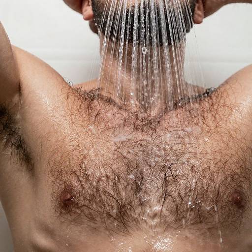 Photograph of a man's hairy chest and shoulders, wet from a shower, with water droplets streaming down, hands holding the showerhead above his