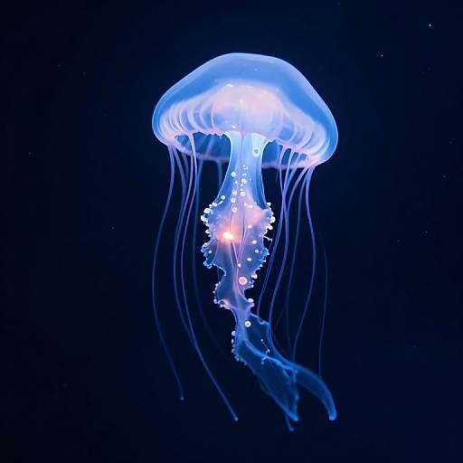 Photograph of a glowing blue jellyfish with translucent tentacles and a luminous bell, floating against a dark blue ocean background.