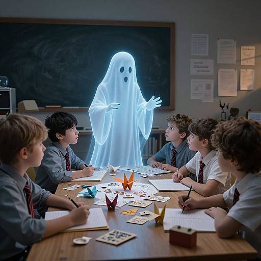 Photograph of six young boys in a classroom, seated at a wooden table, surprised by a glowing blue ghost with black eyes. Chalkboard and