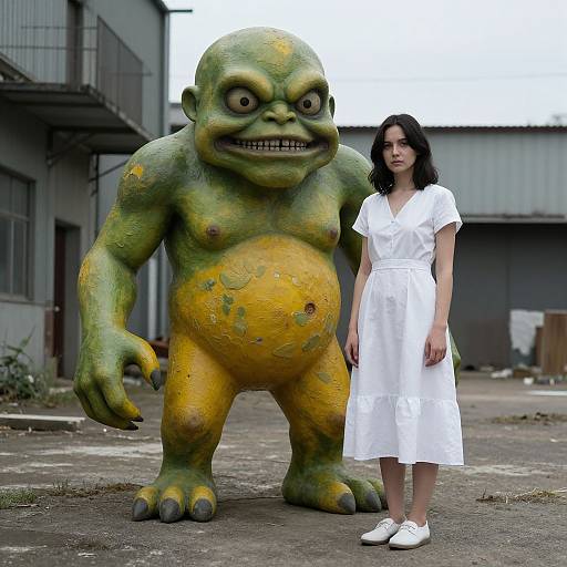 Photograph of a slim, pale-skinned woman with black hair in a white dress standing next to a large, green and yellow, grinning g