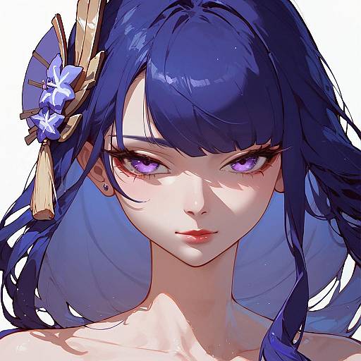 Digital anime-style portrait of a beautiful woman with long, dark blue hair, purple eyes, and a wooden hairpin with blue flowers.