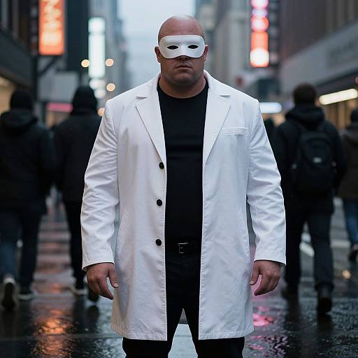Photograph of a bald, muscular man wearing a white lab coat, black shirt, and white mask, standing in a rainy urban street with blurred,