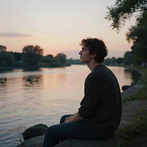 Photograph of a young man with curly brown hair, wearing a dark sweater and jeans, sitting on a riverbank at sunset.