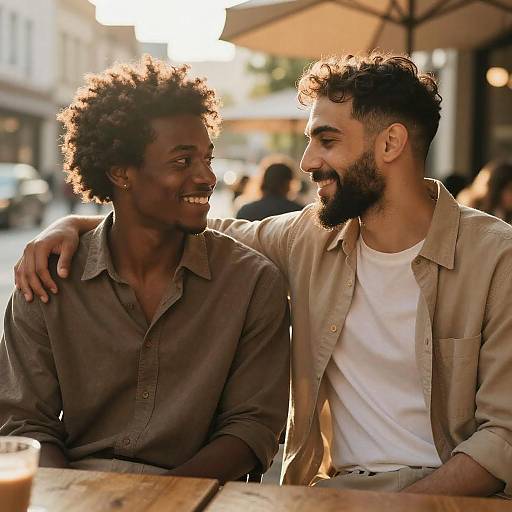 Photograph of two smiling Black and Middle Eastern men with curly hair and beards, seated outdoors at a wooden table, sunlight filtering through, one with