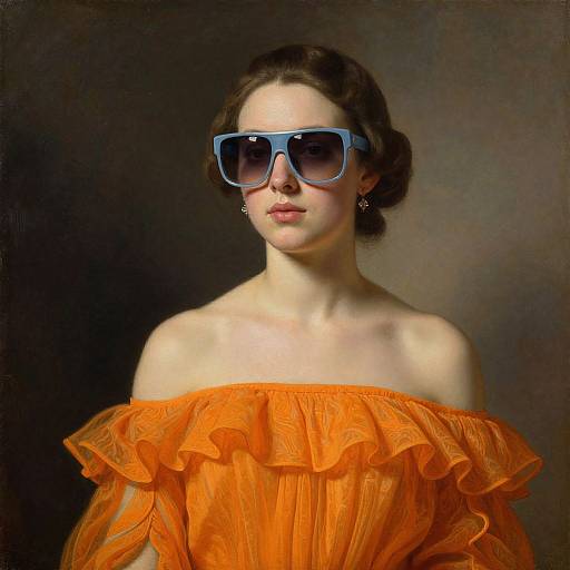 Photograph of a woman with fair skin, dark hair in an updo, wearing oversized blue sunglasses, and an off-shoulder, ruffled