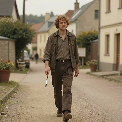 Pensive Artist Strolling Through Quaint Village