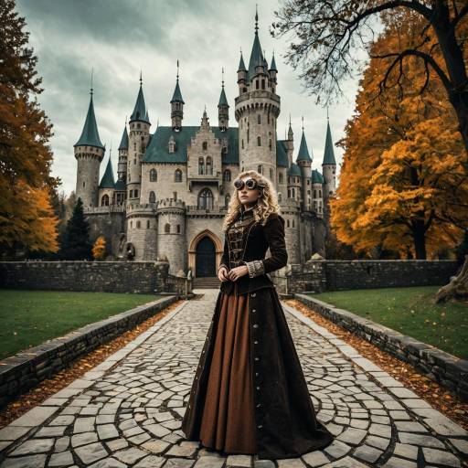Steampunk Woman in Front of Medieval Castle